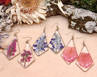 Diamond Shaped Earrings | Real Pressed Flower Earrings | Wildflower Earrings | Pressed Wildflower Jewelry | Pink Blue Flower Earrings