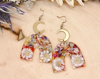Real Pressed Flower Earrings | Pressed Flower Arch Earrings | Pressed Flower Moon Earrings | Flower Moon Earrings | Rainbow Flower Earrings