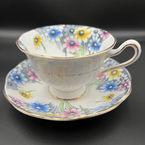Gorgeous Vintage Royal Albert Teacup and Saucer Maryland Pattern, Stunning Spring Floral pattern, Pink, Blue, Yellow Daisies with Greenery