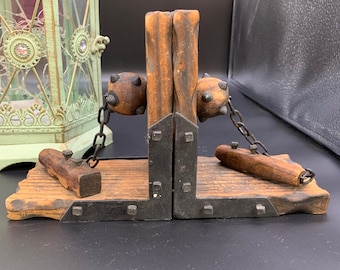 Vintage Wooden Bookends, Gothic Ball and Chain, Made in Spain