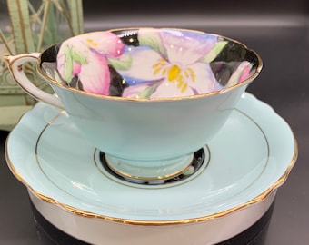 Vintage Paragon Double Warrant Teacup and Saucer, Gorgeous Black with Stunning Pink, Blue Flowers with Green Floral, Love this Set!!!
