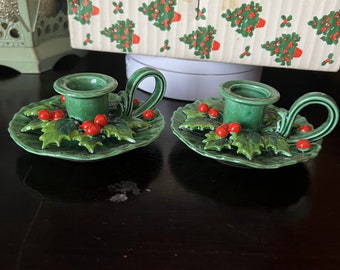 Stunning Vintage Pair of Holt Howard Christmas Candle Holders 1964 Holly Berries Green, Have original box, Japan, Original Sticker on bottom