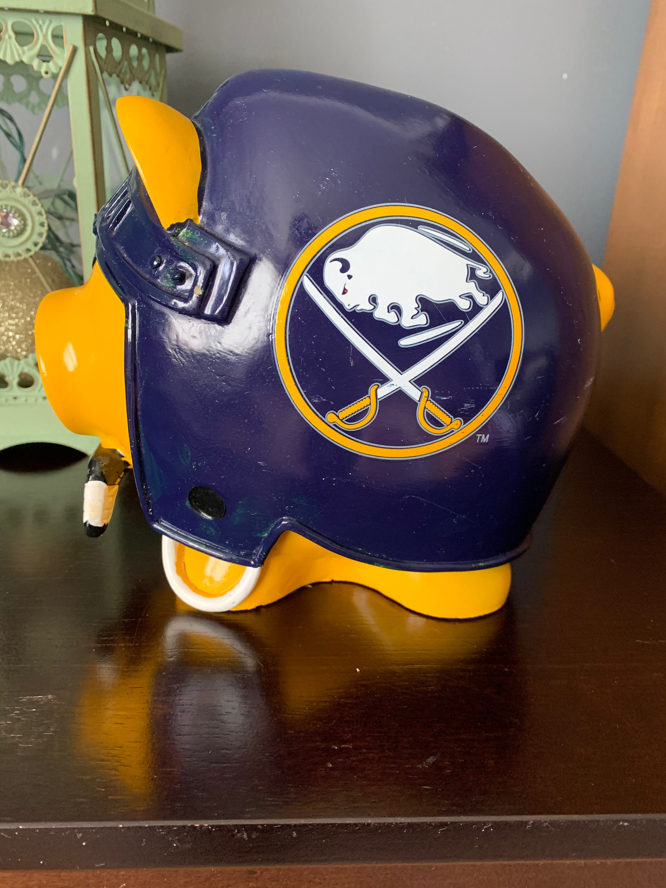 NHL Super Cute Buffalo Sabres Piggy Bank, Ceramic, Holding a Hockey Stick, Helmet is Blue, Pig is Yellow, Adorable, Kitschy, Kitsch.