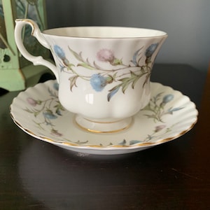 Vintage Royal Albert Teacup and Saucer Brigadoon, Scottish Thistle, stunning Blue and Pink, Bone China, England, Montrose Shape Teacup.