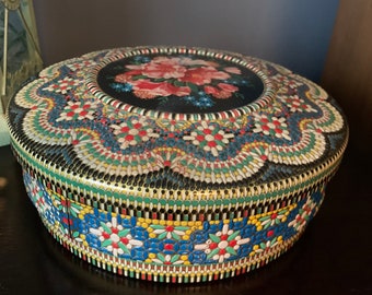 Gorgeous Vintage Ornate Floral Round Tin, Made in England, Mid Century, Probably Designed by Daher, made to look like beads, Sewing Tin!