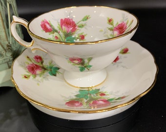 Vintage Hammersley Bone China Teacup and Saucer, Grandmother's Rose, Gold Trim, England, 1939