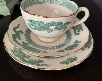 Vintage Royal Cauldon Tea Cup  and Saucer and Sandwich Plate, Stunning Trio, green/turquoise Dragon, Dragon and Peony design with Gold Trim!