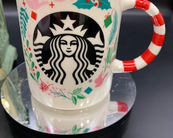 Starbucks Candy Cane Christmas Coffee/Tea mug, Black Mermaid, Pink Doves, Holly, Holiday Collection, Cool Mug