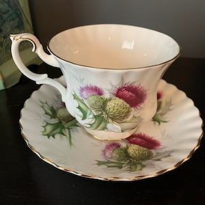Gorgeous Vintage Royal Albert Teacup and Saucer Highland Thistle, Stunning Thistle, England, Footed Cup, Bone China, Stunning Set