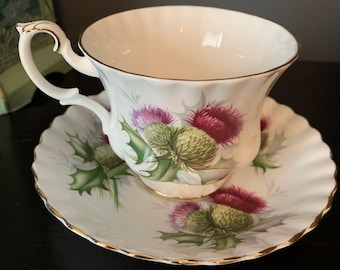 Gorgeous Vintage Royal Albert Teacup and Saucer Highland Thistle, Stunning Thistle, England, Footed Cup, Bone China, Stunning Set