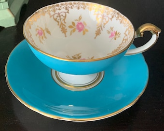 Vintage Aynsley Teal/Turquoise Tea Cup and saucer Pink Roses and Gold Pedestal Footed Teacup and Saucer Aqua Gorgeous