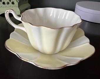 Gorgeous Vintage Royal Stuart Spencer Stevenson Candy Stripe, Lemon & Floral, Teacup and Saucer, Scarce, Gorgeous Set 1940 - 1950 Beautiful