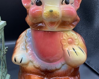 Fabulous Vintage 1940’s American Bisque Blushing Bear Cookie Jar, Bear eating a cookie, amazing colour, Large Bear , wearing bib!