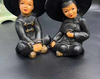 Vintage Red Chalkware Asian Figurines, Mid Century Chinoiserie