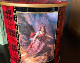 Vintage Walkers Scottish Shortbread Tin, Round with Lid,Flora MacDonald, Helen MacGregor, Prince Charles Edward Stewart, Tartan.