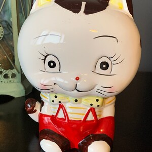 Vintage Gorgeous Ceramic Cat Bank, Coin Bank, Retro, Kitschy, Kitsch, Red Suspenders, Smiling Face, Adorable, Coin Bank, Piggy Bank, 1980s