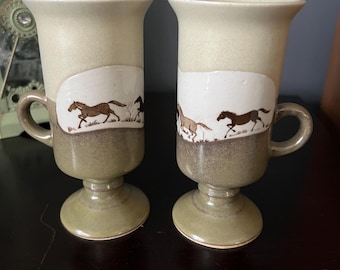 Gorgeous pair of Vintage Running Horses Otagiri Stoneware Pedestal Mugs, beautiful drawings. Japan, Stoneware Mugs, 1970’s