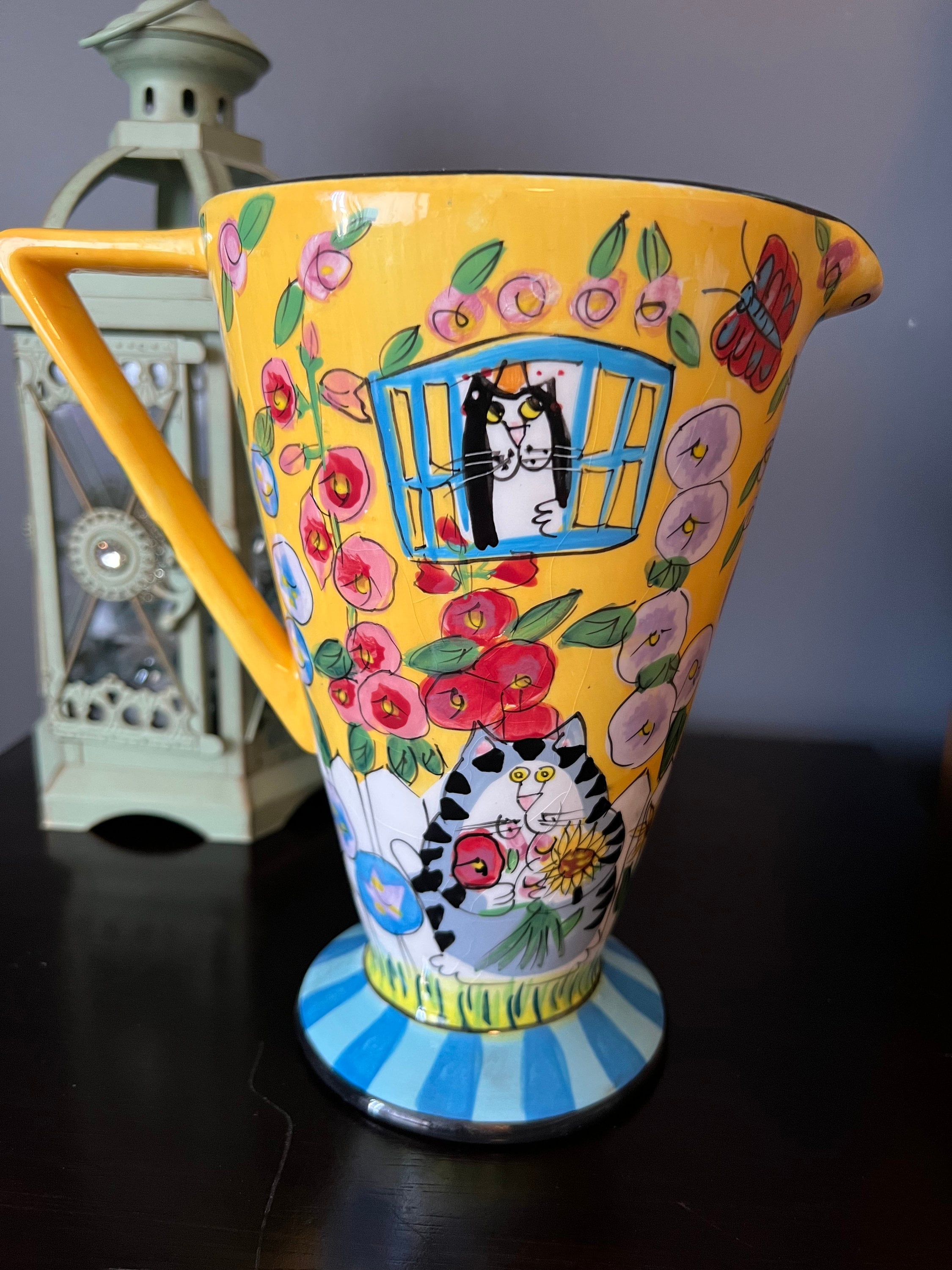 Vintage CATZILLA Water Pitcher, Candace Reiter, Hand Painted Cats
