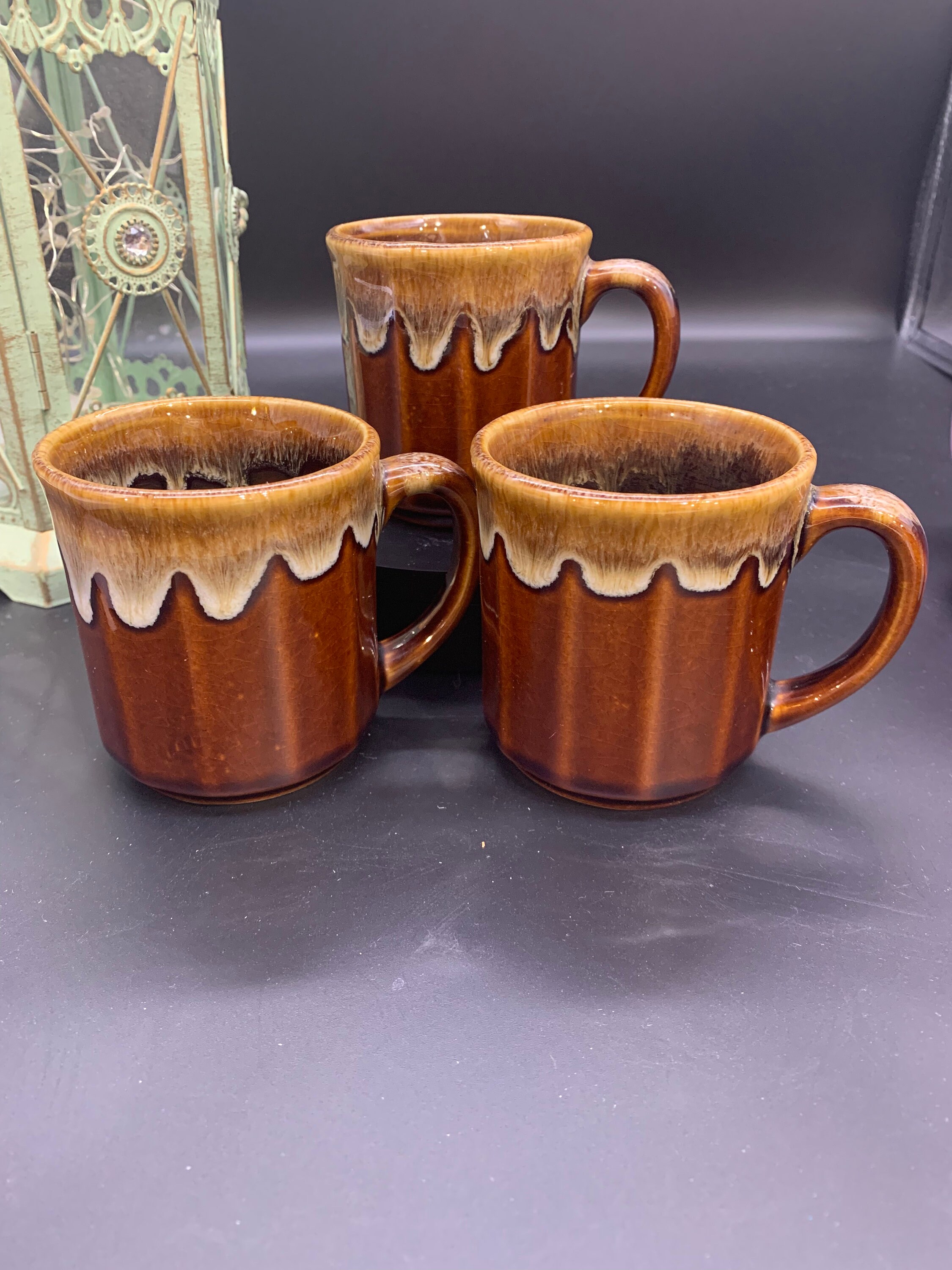 Vintage Drip Glaze Coffee Mugs, Taiwan, Retro Kitchenware, Set of