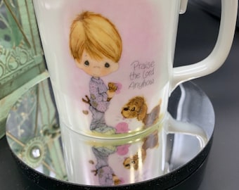 Vintage 1986 Precious Moments Mug, Boy and Puppy, "Praise The Lord Anyhow"