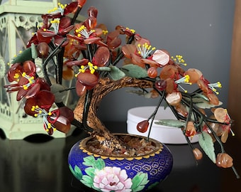Vintage Cloisonné Bonsai Tree, Pink Flower, Gemstone Gravel Base
