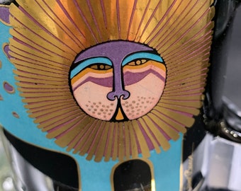 Vintage Laurel Burch Leonard Lion Mug, Beautiful Teal Blue with Gold Foil and Spots, So Cute!!  Kitschy, Kitsch