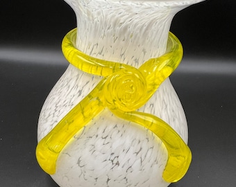 Stunning Hand Blown Art Glass White Splattered Clear Glass Bud Vase, Applied Yellow Glass Ribbon, Applied Glass knotted Bow, Handblown, 1970