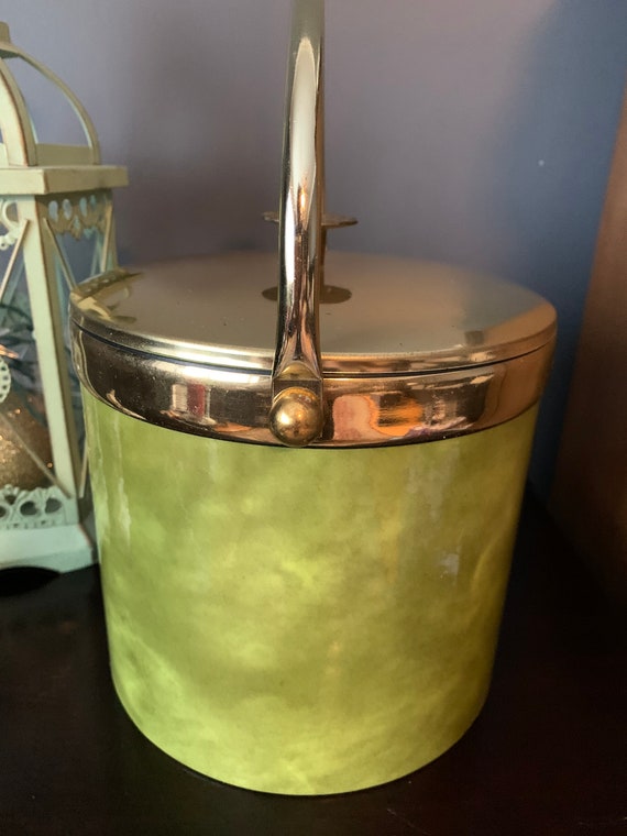 Vintage Green Marble Look Ice Bucket Gold Handle is Also a Gold