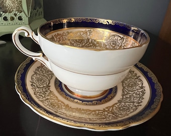 Vintage  Paragon Cobalt Blue, Bone China, Gold Scrollwork, Tea Cup & Saucer Numbered A515 Double Warrant Pink Tea Rose