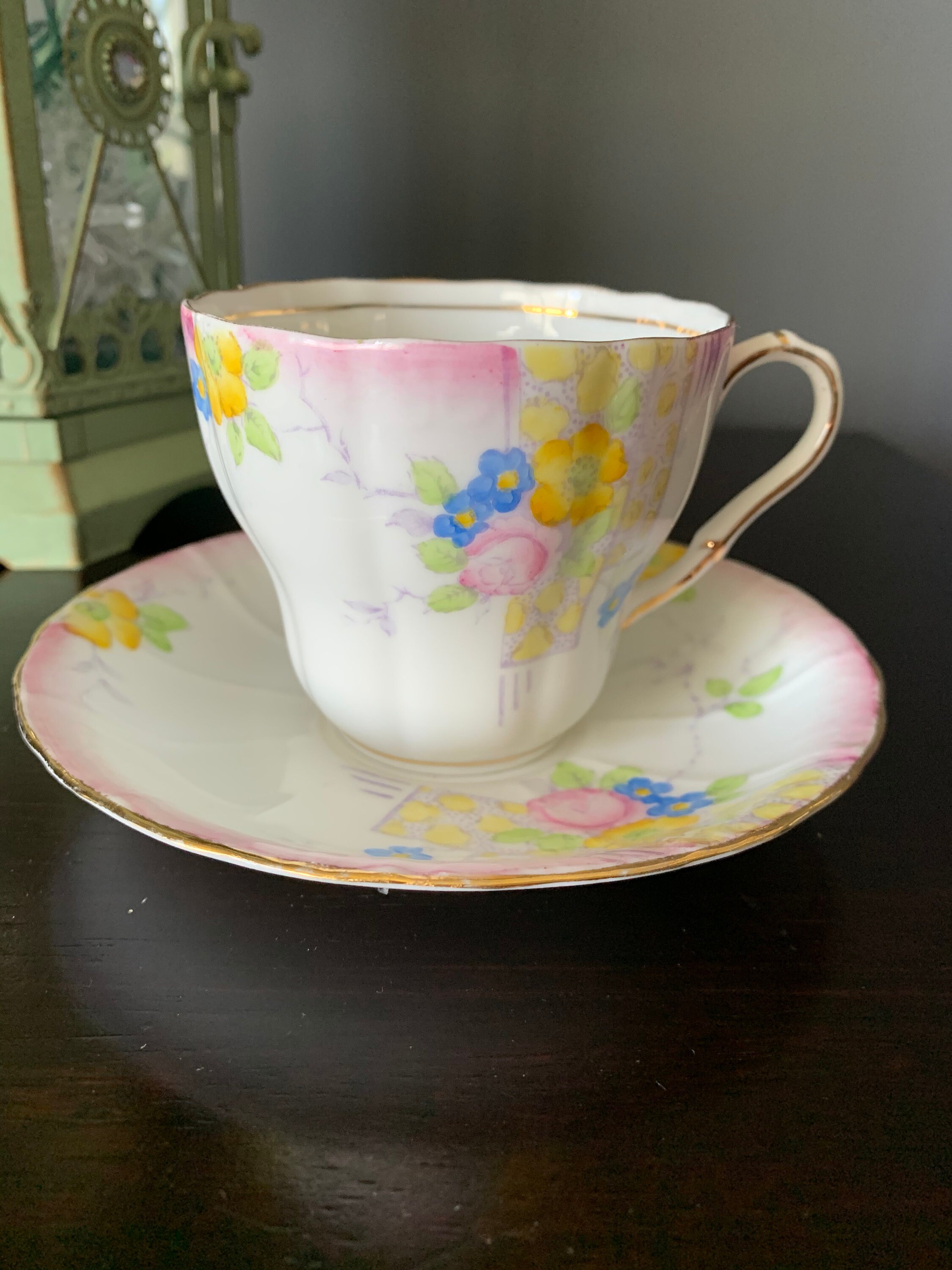 Vintage Gorgeous  Hand Painted Melba Bone China,Teacup and Saucer  Wild Flowers, Yellow, Blue, Pink, with Soft Pink Edging, Number 3004,