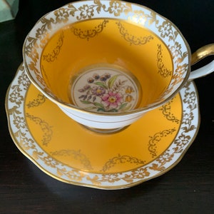 Vintage Gorgeous Royal Albert Cup and Saucer ca 1950’s Golden Yellow Hand Painted Stunning Posey and Blue Ribbon, Avon Shape Cup Gorgeous