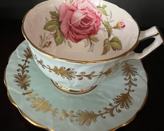 Gorgeous Vintage Blue Aynsley Teacup and Saucer “Large Pink Floating Rose” England, Bone China, Loy’s of Gold, Stunning Robins Egg Blue.