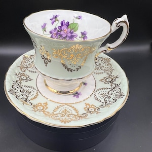 Gorgeous Vintage Light Green with Purple Violet flowers and Intricate Gold Details, Paragon Teacup and Saucer, England, Bone China,