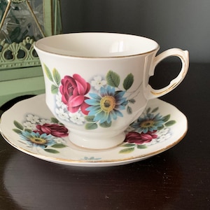 Vintage Queen Anne Tea Cup and Saucer, Summer Flowers, Gorgeous Blue Flowers and Deep Red Rose, 8468, Ridgway Potteries, England, Bone China