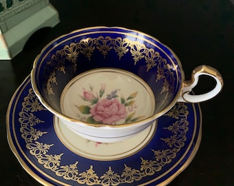 Gorgeous Vintage Aynsley Tea Cup and Saucer, Cobalt Blue, Gold Scroll Work, Large Pink Tea Rose, Fabulous,England, 1940s, Fine Bone China