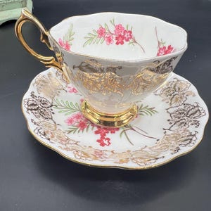 Gorgeous Vintage Royal Albert Teacup and Saucer, Bone China, England, Pink Flowers with Gold and Greenery!