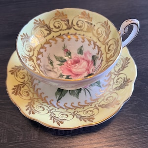 Gorgeous Vintage E.B.Foley Teacup and Saucer Pink Cabbage Rose and White Cabbage Rose,Pale Yellow Saucer, Stunning Set