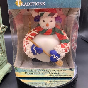 Vintage Traditions Collectable Snowman Glass Ornament, Character Ornament, Snowman with Red hat Holding a Broom, In original Box, 1980’s