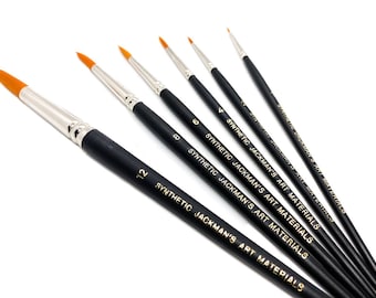 May include: A set of five round-tipped paint brushes with black handles and gold lettering. The brushes are labeled with their sizes: 12, 8, 6, 4, and 2. The lettering on the handles reads "SYNTHETIC JACKMAN'S ART MATERIALS".
