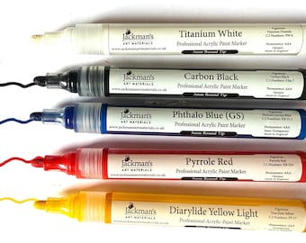 May include: Five acrylic paint markers with a 3mm round tip. The colors are titanium white, carbon black, phthalo blue (GS), pyrrole red, and diarylide yellow light. Each marker has the Jackman's Art Materials logo and website address.