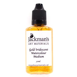 May include: A bottle of gold iridescent watercolour medium from Jackman's Art Materials. The bottle has a black dropper cap and a white label with product information. The bottle contains 30ml of medium.
