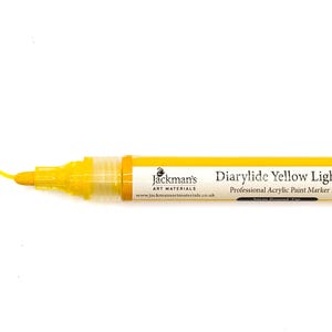 May include: A yellow paint marker with the text "Diarylide Yellow Light" and "Professional Acrylic Paint Marker" on the barrel. The marker is on a white background.