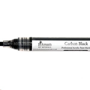 May include: A black Jackman's Carbon Black professional acrylic paint marker with a clear barrel. The marker is shown with a black line drawn from the tip. The text on the marker reads "Carbon Black" and "Professional Acrylic Paint Marker."