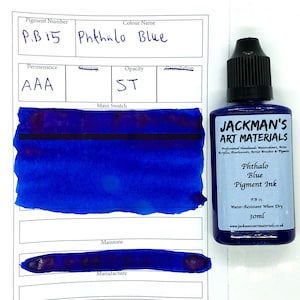 May include: A 30 ml bottle of Phthalo Blue Pigment Ink by Jackman's Art Materials. The bottle is blue and has a white label with the product name and information. The ink is water-resistant when dry.