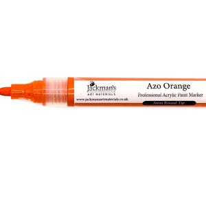 May include: Azo Orange professional acrylic paint marker with a 3mm round tip. The marker is orange and has a white label with the text "Jackman's Art Materials" and "www.jackmansartmaterials.co.uk".