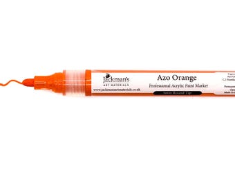 May include: Azo Orange professional acrylic paint marker with a 3mm round tip. The marker is orange and has a white label with the text "Jackman's Art Materials" and "www.jackmansartmaterials.co.uk".