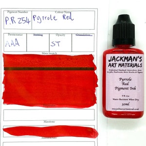 Peut inclure: Une bouteille de 30 ml d'encre pigmentée rouge pyrrole de Jackman's Art Materials. La bouteille est étiquetée avec le numéro de pigment P.R. 254 et indique que l'encre est résistante à l'eau une fois sèche.