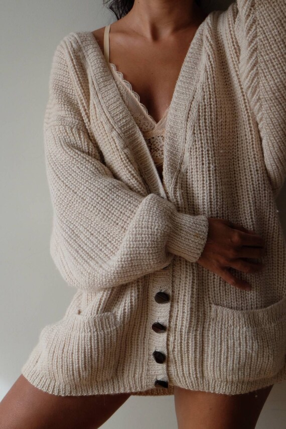 Beige vintage v neck buttoned wool cardigan, Beige