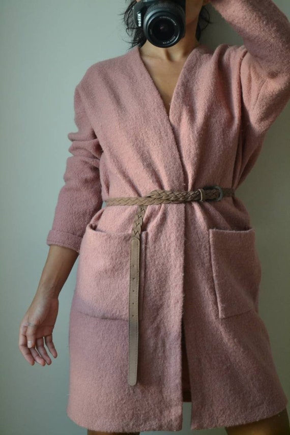 Vintage rose pink wool cardigan, long cardigan, v