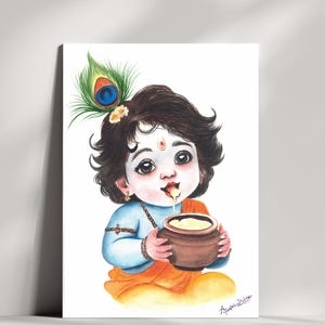 バターを持つ神聖なベビークリシュナ | ベビークリシュナ | アートプリント | 様々なサイズをご用意